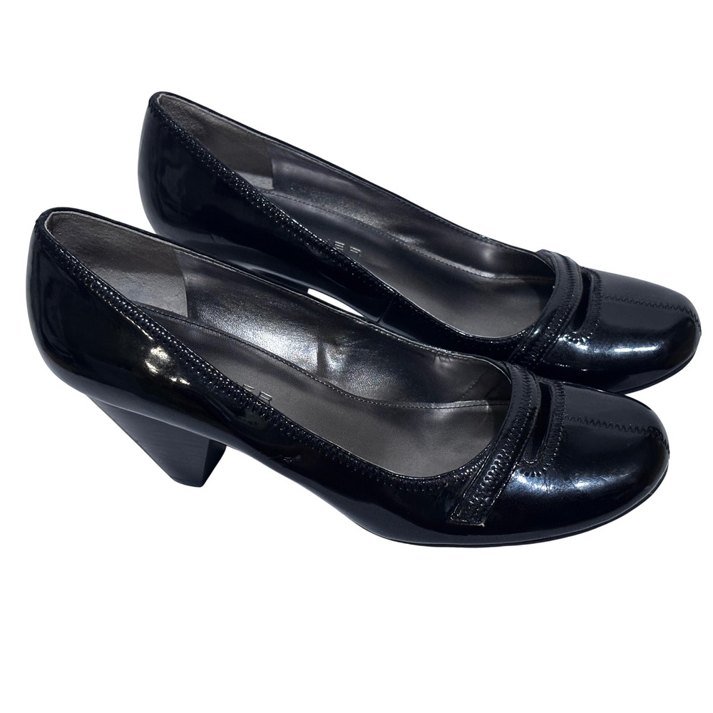 Marc Fisher Black Patent Round Toe Cone Heel Pumps Women 10M minimalist comfort